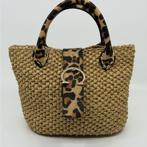Woven Straw Tote with Leopard-Print Trim - Tan handcrafted